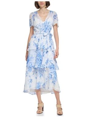 Calvin Klein Blue White Floral Tiered Chiffon Maxi Dress Size 8